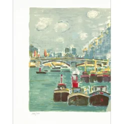 SAVARY Robert - Lithographie originale "Paris, Les péniches sur la Seine" 67x82cm