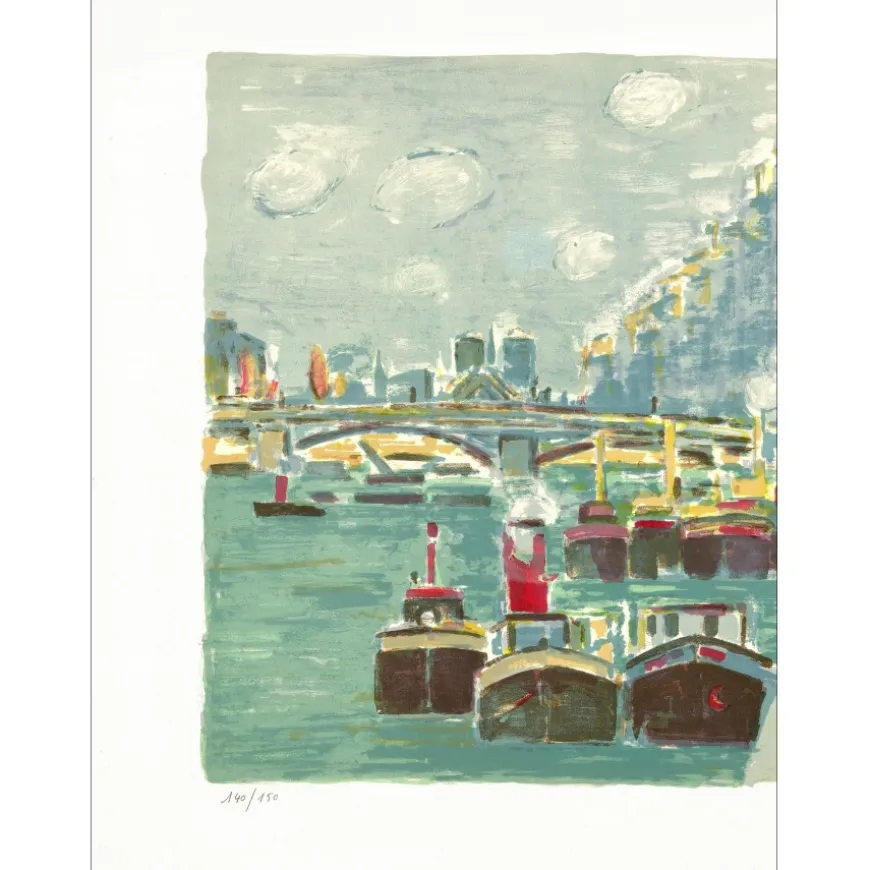 SAVARY Robert - Lithographie originale "Paris, Les péniches sur la Seine" 67x82cm