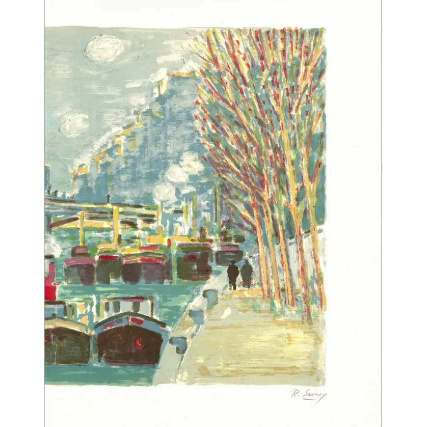 SAVARY Robert - Lithographie originale "Paris, Les péniches sur la Seine" 67x82cm