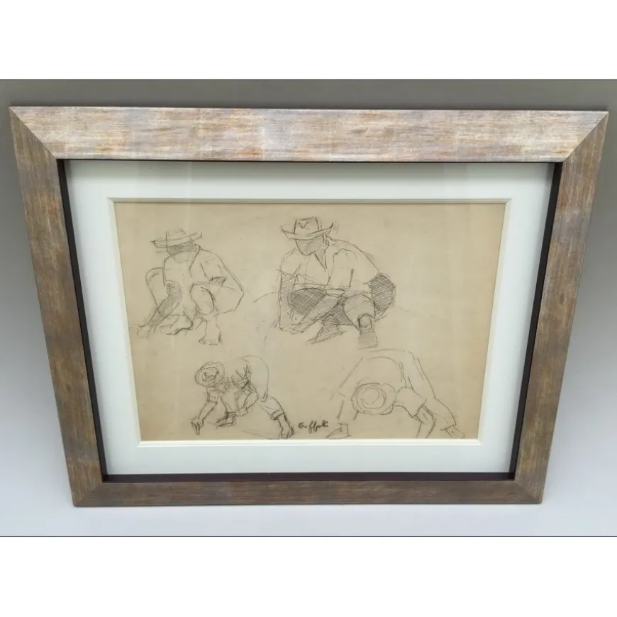 TOFFOLI Louis - Dessin original au crayon "Etude de personnages" 35x47cm - Cadre