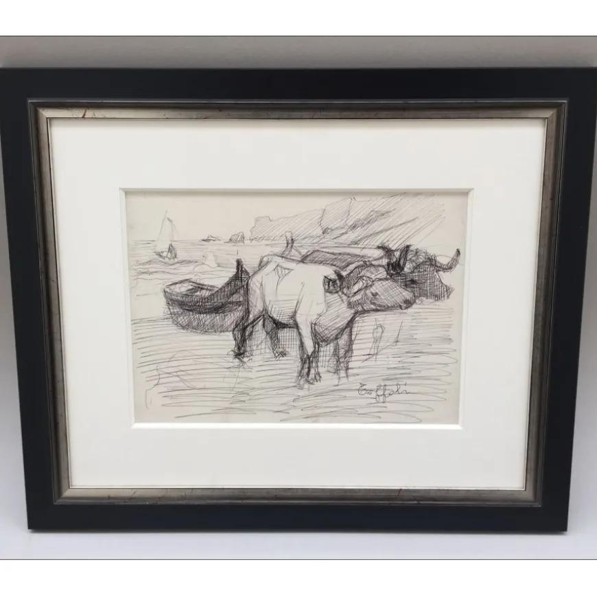 TOFFOLI Louis - Dessin original à l'encre "Chine, Bœufs tirant une barque" 26x35cm + Cadre 50x61cm