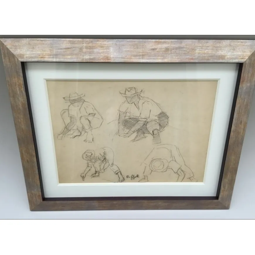 TOFFOLI Louis - Dessin original au crayon "Etude de personnages" 35x47cm - Cadre