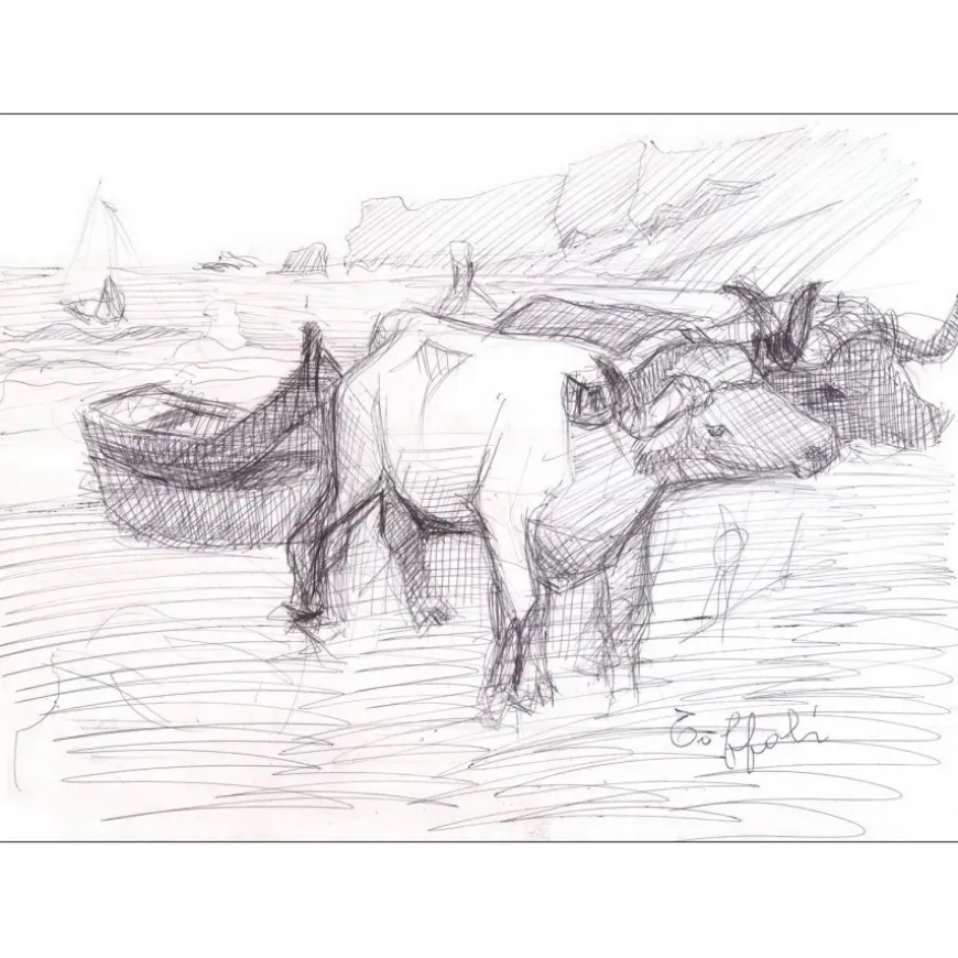 TOFFOLI Louis - Dessin original à l'encre "Chine, Bœufs tirant une barque" 26x35cm + Cadre 50x61cm