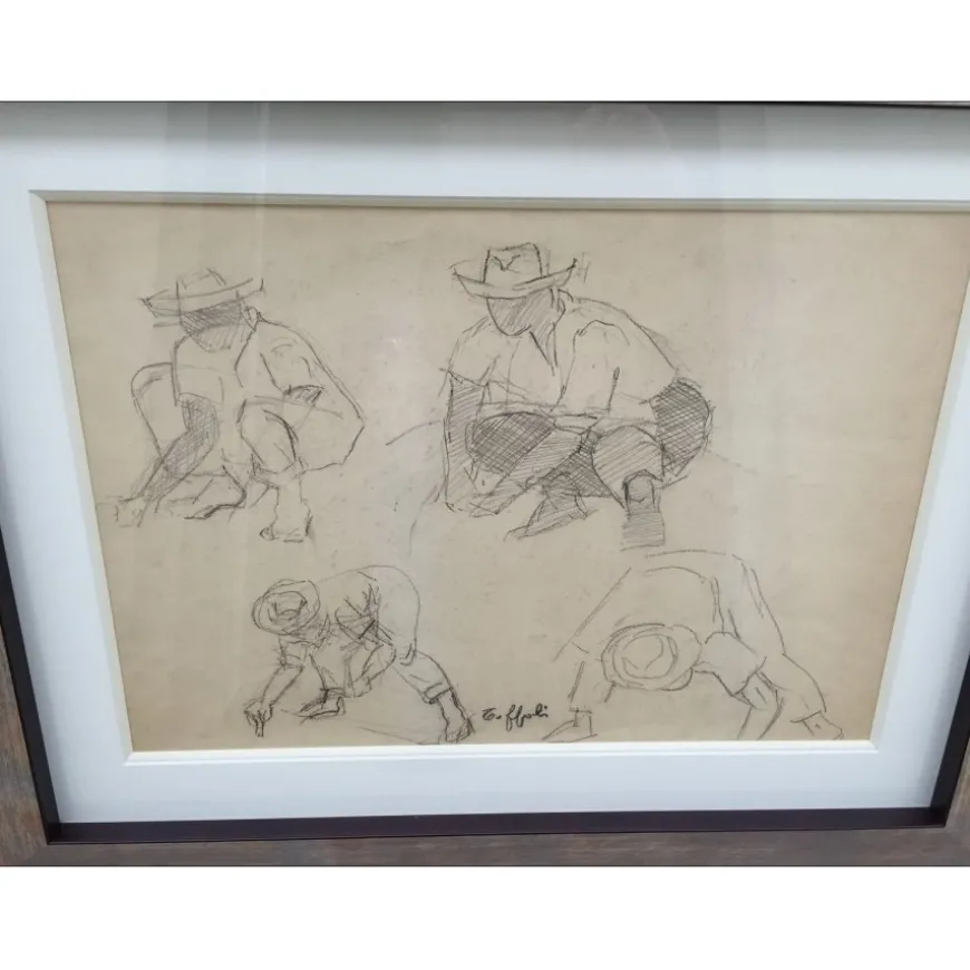 TOFFOLI Louis - Dessin original au crayon "Etude de personnages" 35x47cm - Cadre