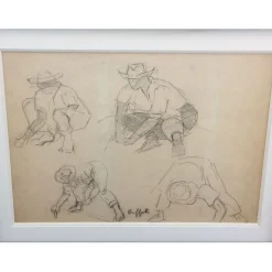 TOFFOLI Louis - Dessin original au crayon "Etude de personnages" 35x47cm - Cadre