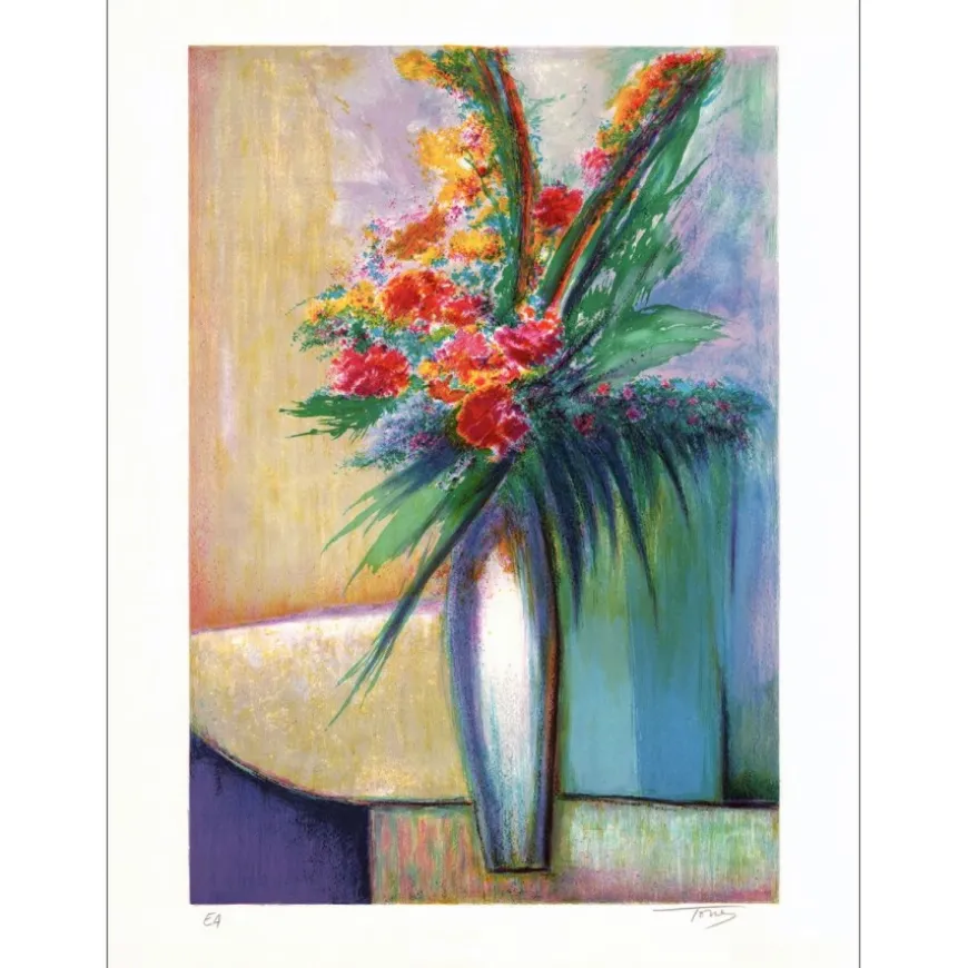 TORRES - Lithographie originale "Bouquet de fleur au vase blanc" 65x50cm