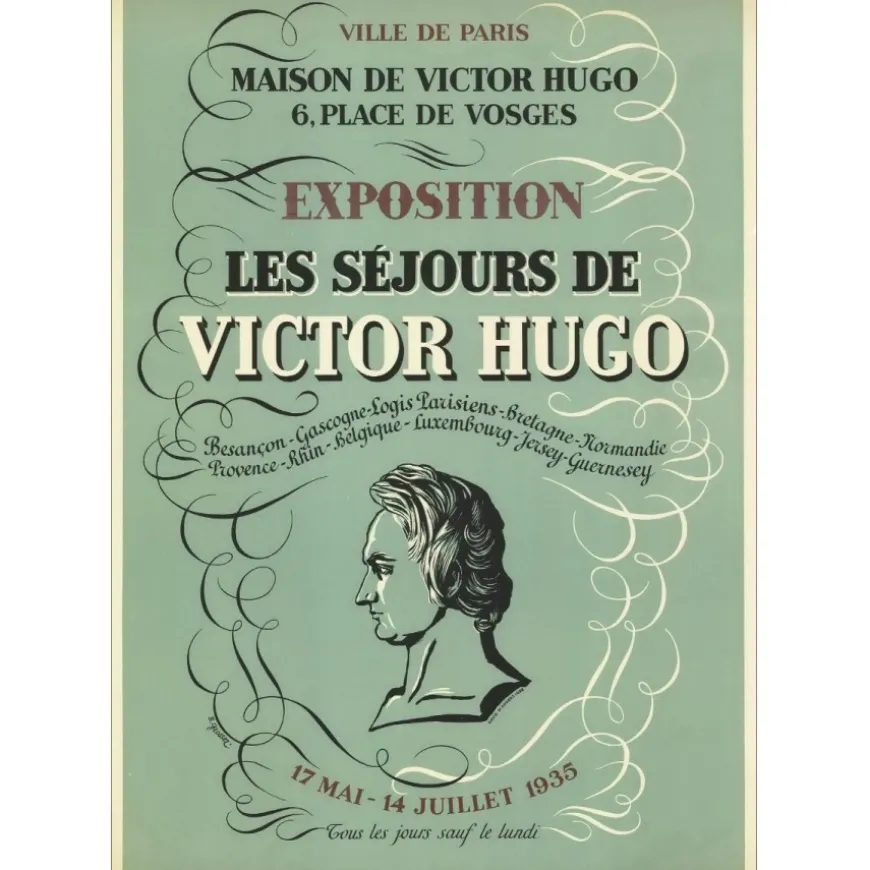 VICTOR HUGO - Lithographie "Exposition Les séjours de Victor Hugo, Paris" 73x52cm - 1935