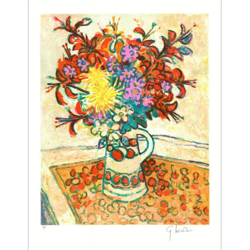 VIEILLEVIE Gérard - Lithographie originale "Bouquet de Fleurs à la nappe II" 76x56cm