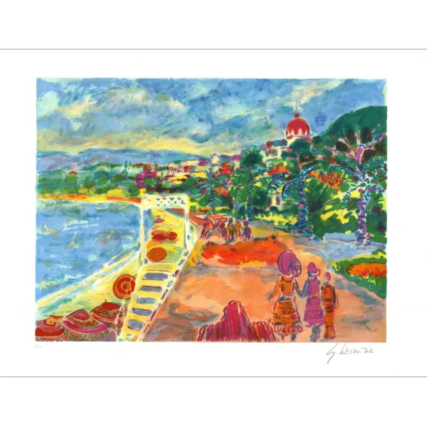 VIEILLEVIE Gérard - Lithographie originale "La promenade des Anglais à Nice" 56x76cm