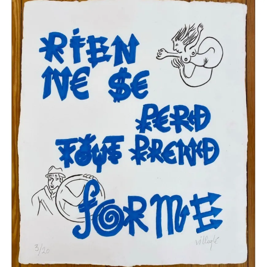 VILLEGLÉ Jacques - Aquagravure originale "Tout Prend Forme (bleue)" 64x55cm - 2020
