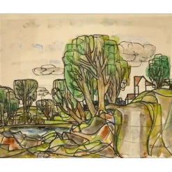 ZENDEL Gabriel - Dessin original "Paysage aux arbres et maisons" 29x36cm